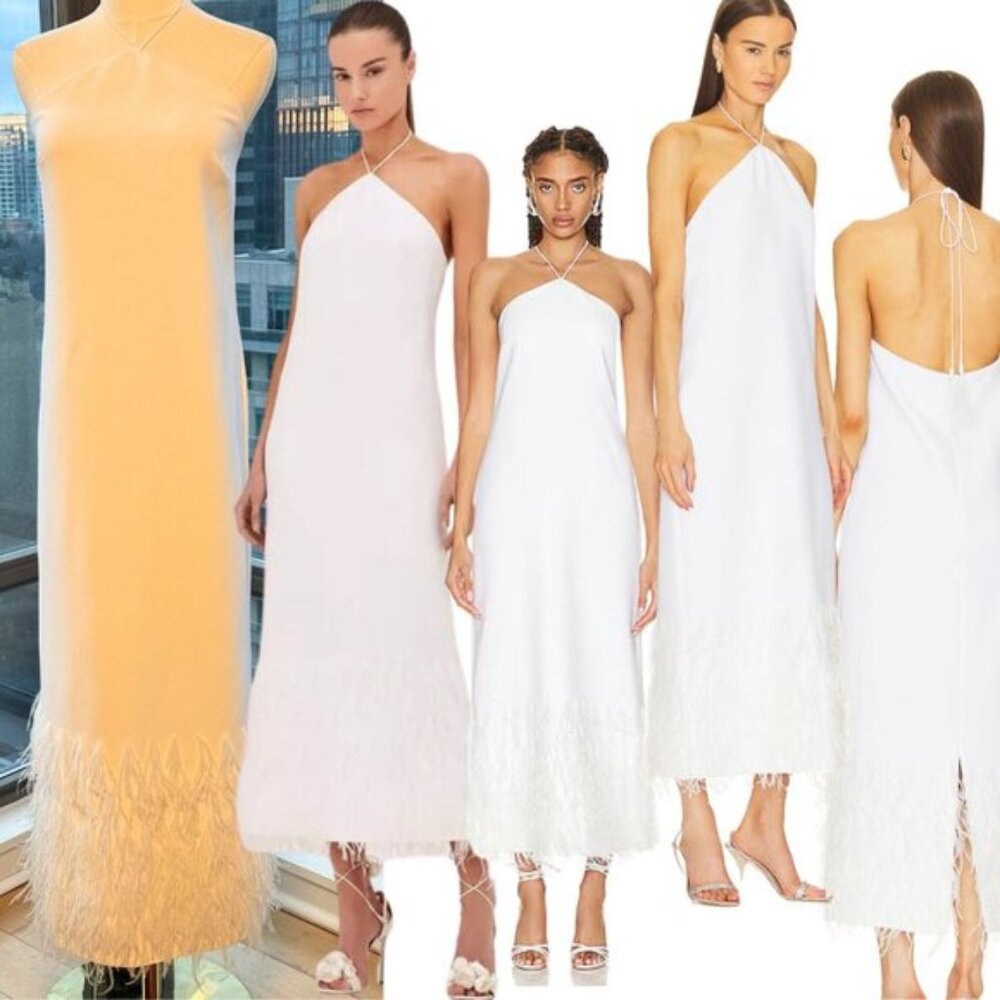 🆕 ALEXIS 🧿 NWOT Izzie Feather Trimmed Maxi Dress, White, Sz M